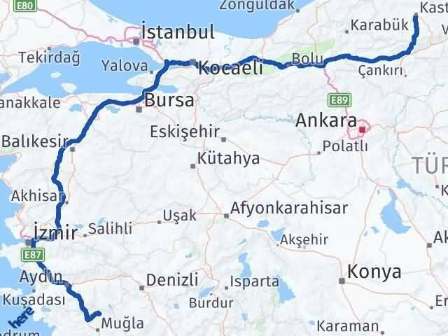 Muğla Kavaklıdere Kastamonu Arası Kaç Km - Yol Haritası