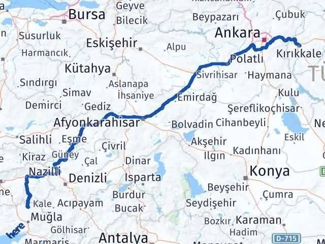 Muğla Kavaklıdere Kırıkkale Arası Kaç Km - Yol Haritası