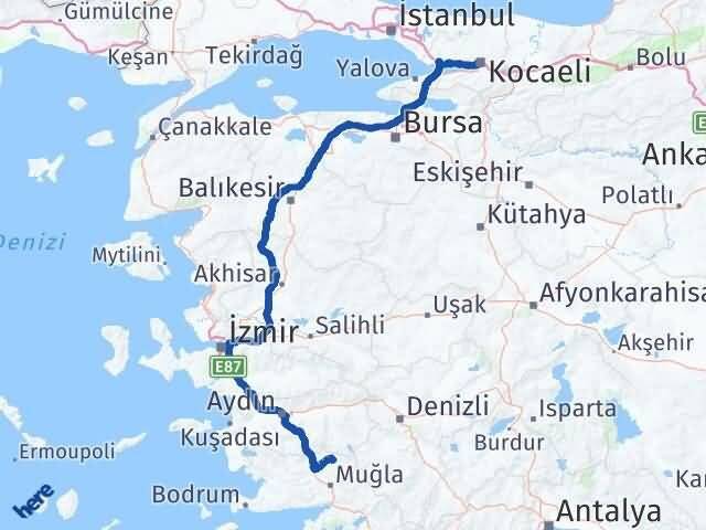 Muğla Kavaklıdere Kocaeli Arası Kaç Km - Yol Haritası