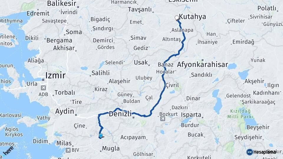 Muğla Kavaklıdere Kütahya Arası Kaç Km - Yol Haritası
