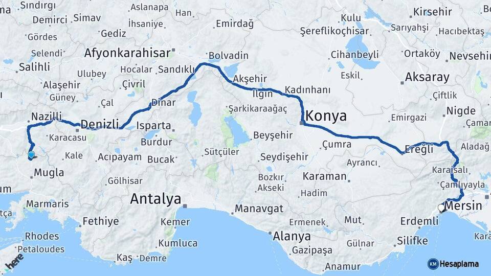 Muğla Kavaklıdere Mersin Arası Kaç Km - Yol Haritası