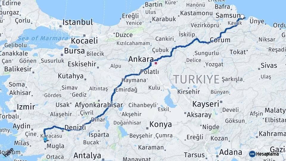 Muğla Kavaklıdere Samsun Arası Kaç Km - Yol Haritası
