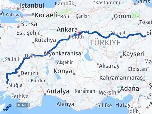 Muğla Kavaklıdere Sivas Arası Kaç Km - Yol Haritası