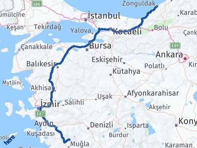 Muğla Kavaklıdere Zonguldak Arası Kaç Km - Yol Haritası