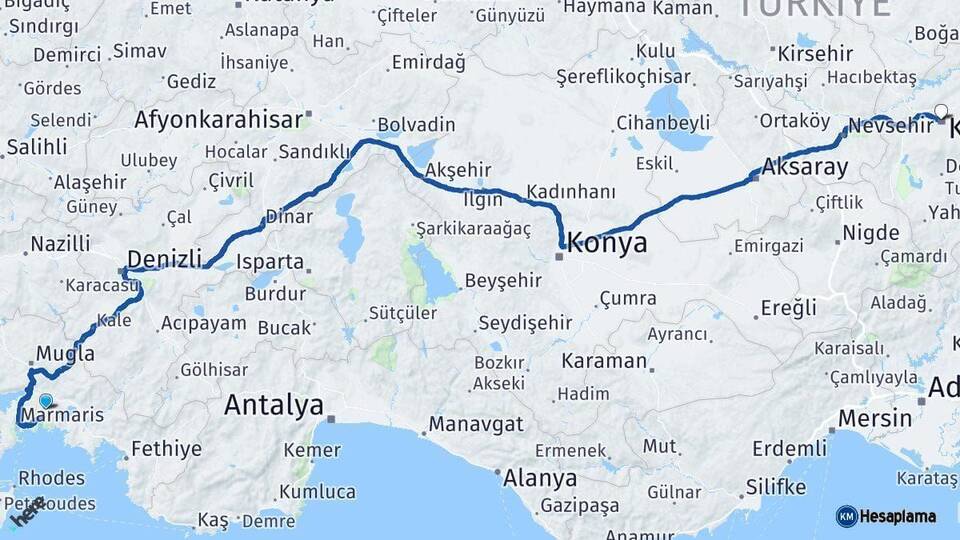 Muğla Kayseri Arası Kaç Km - Yol Haritası