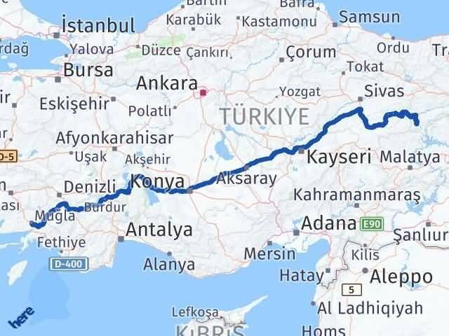 Muğla Kemaliye Erzincan Arası Kaç Km - Yol Haritası