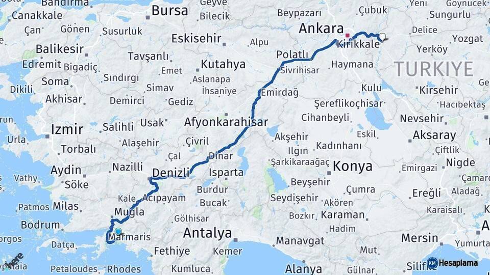 Muğla Kırıkkale Arası Kaç Km - Yol Haritası