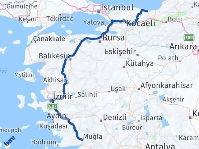 Muğla Kocaali Sakarya Arası Kaç Km - Yol Haritası