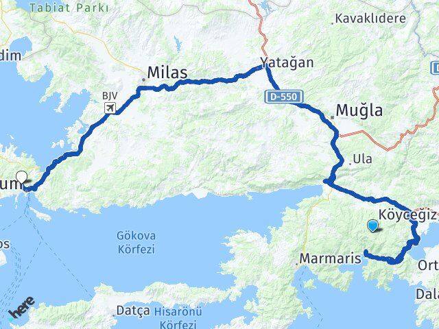 Muğla Konacık Bodrum Arası Kaç Km - Yol Haritası