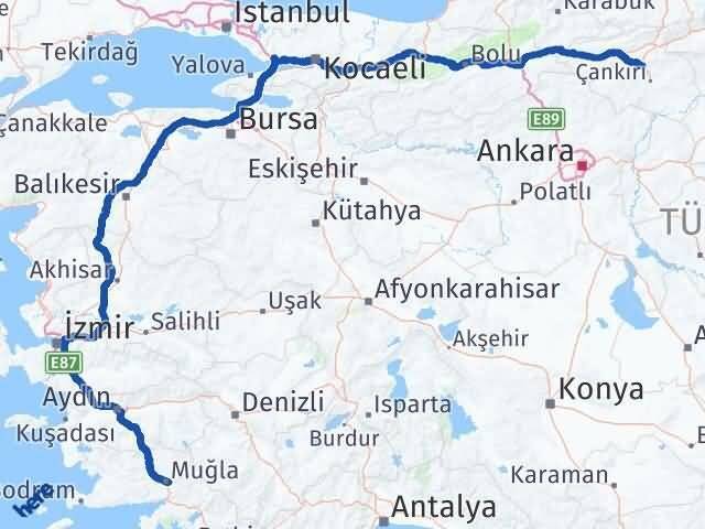 Muğla Korgun Çankırı Arası Kaç Km - Yol Haritası