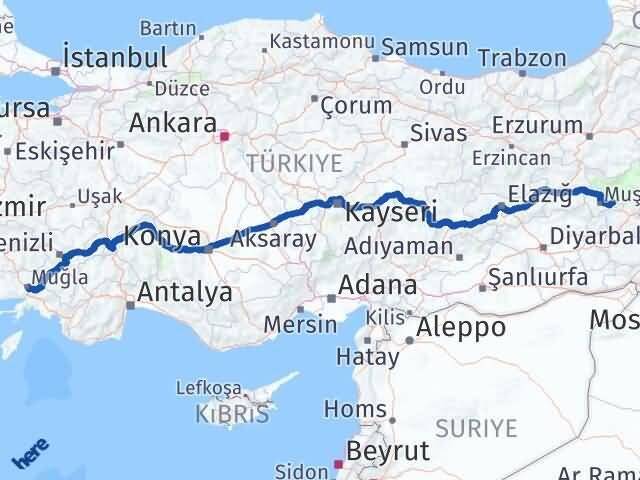 Muğla Korkut Muş Arası Kaç Km - Yol Haritası