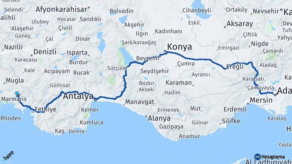 Muğla Köyceğiz Adana Arası Kaç Km - Yol Haritası