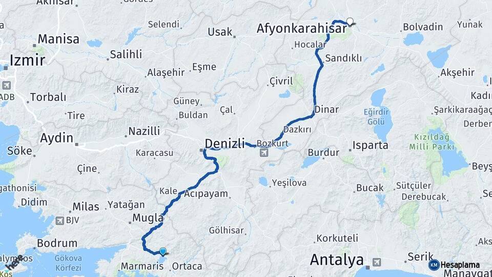 Muğla Köyceğiz Afyonkarahisar Arası Kaç Km - Yol Haritası