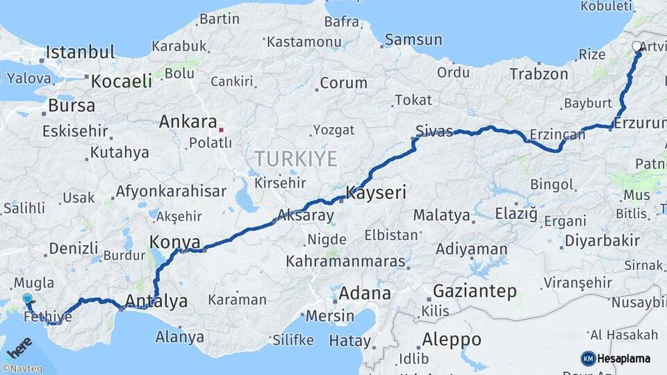 Muğla Köyceğiz Artvin Arası Kaç Km - Yol Haritası