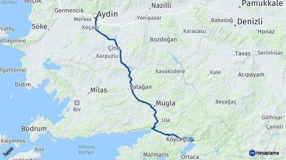 Muğla Köyceğiz Aydın Arası Kaç Km - Yol Haritası