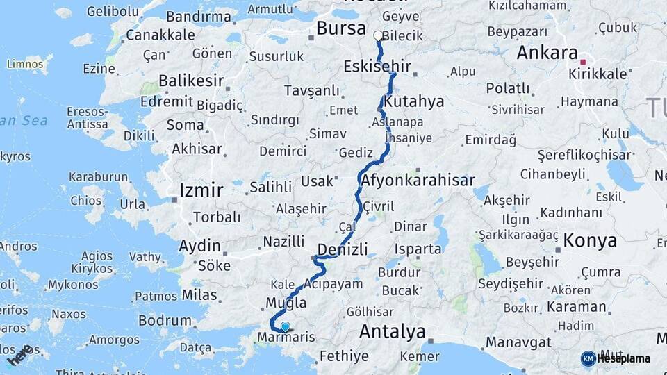 Muğla Köyceğiz Bilecik Arası Kaç Km - Yol Haritası
