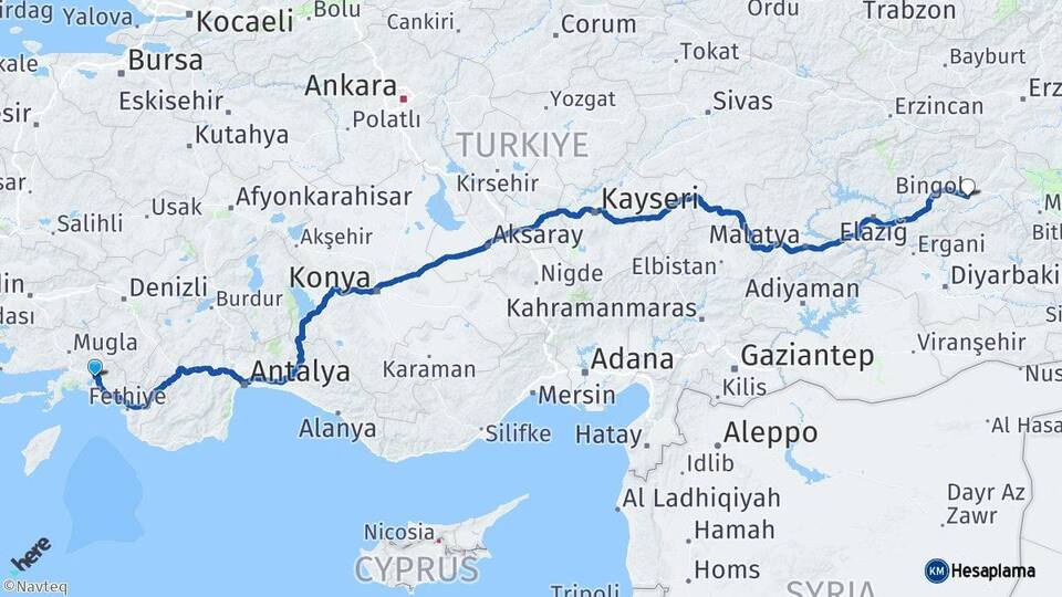 Muğla Köyceğiz Bingöl Arası Kaç Km - Yol Haritası