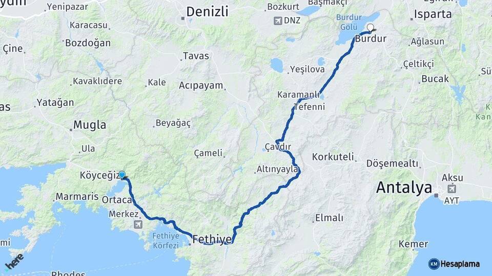 Muğla Köyceğiz Burdur Arası Kaç Km - Yol Haritası
