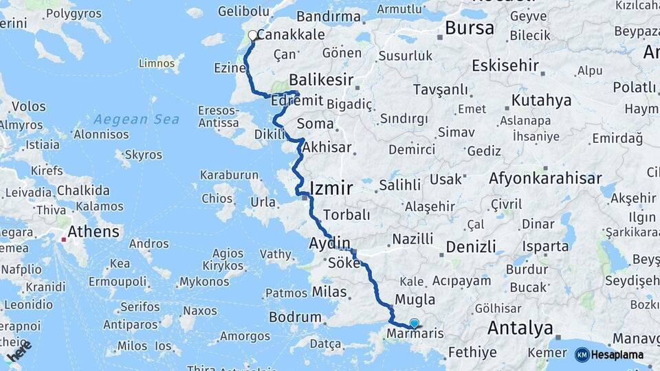 Muğla Köyceğiz Çanakkale Arası Kaç Km - Yol Haritası