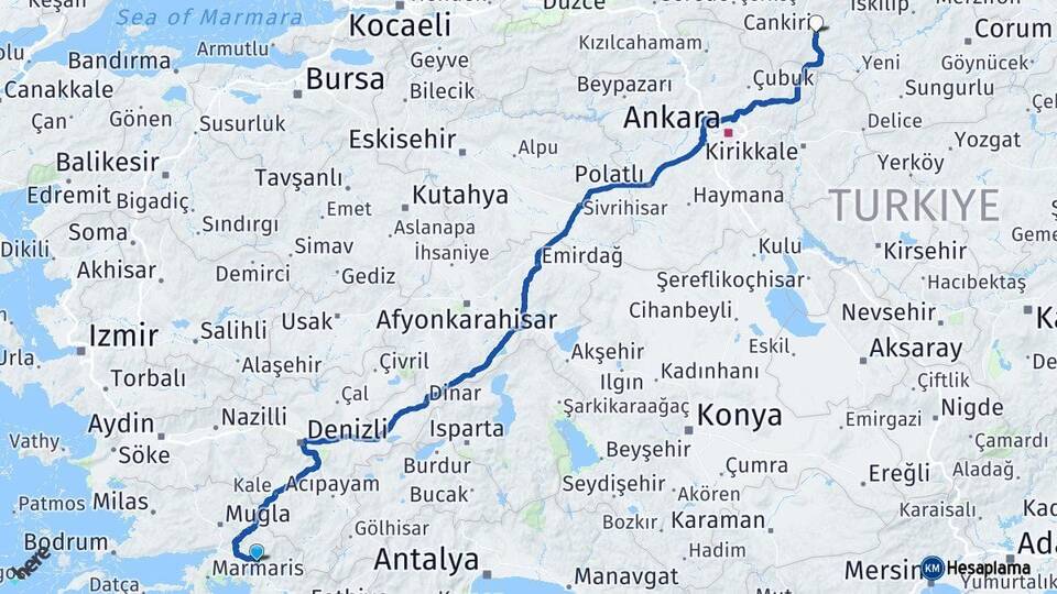 Muğla Köyceğiz Çankırı Arası Kaç Km - Yol Haritası