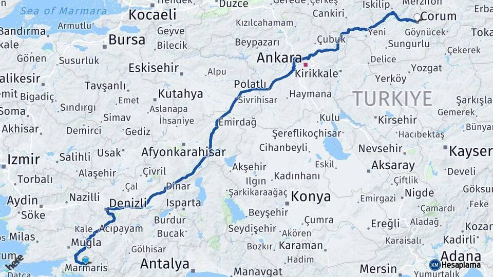 Muğla Köyceğiz Çorum Arası Kaç Km - Yol Haritası