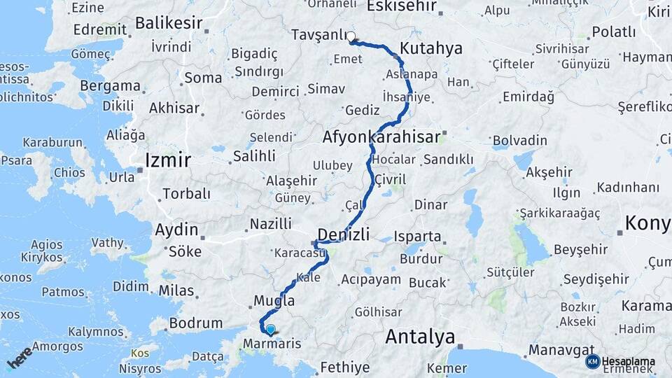 Muğla Köyceğiz Döğüşbelen Tavşanlı Kütahya Arası Kaç Km - Yol Haritası