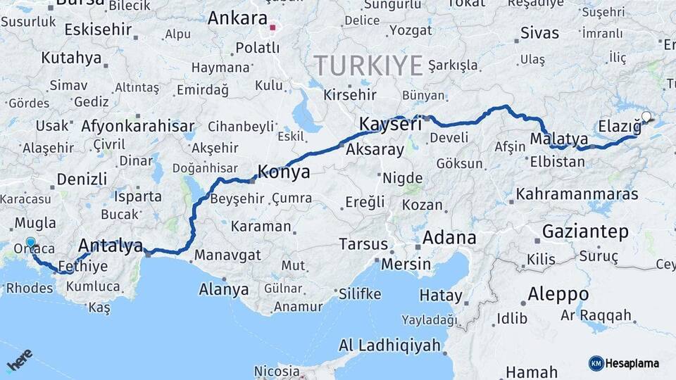 Muğla Köyceğiz Elazığ Arası Kaç Km - Yol Haritası