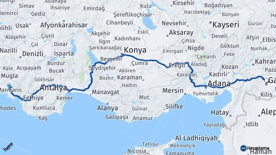Muğla Köyceğiz Gaziantep Arası Kaç Km - Yol Haritası