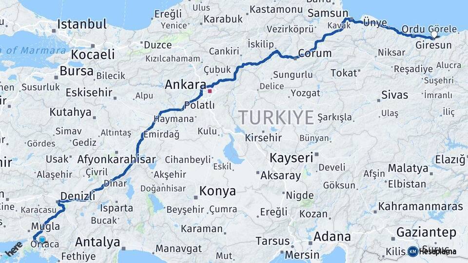 Muğla Köyceğiz Giresun Arası Kaç Km - Yol Haritası