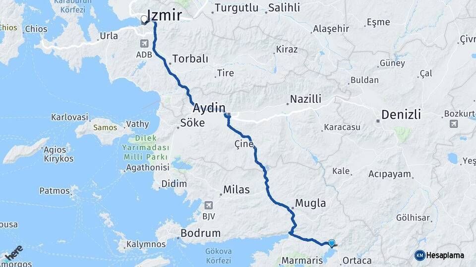 Muğla Köyceğiz İzmir Arası Kaç Km - Yol Haritası