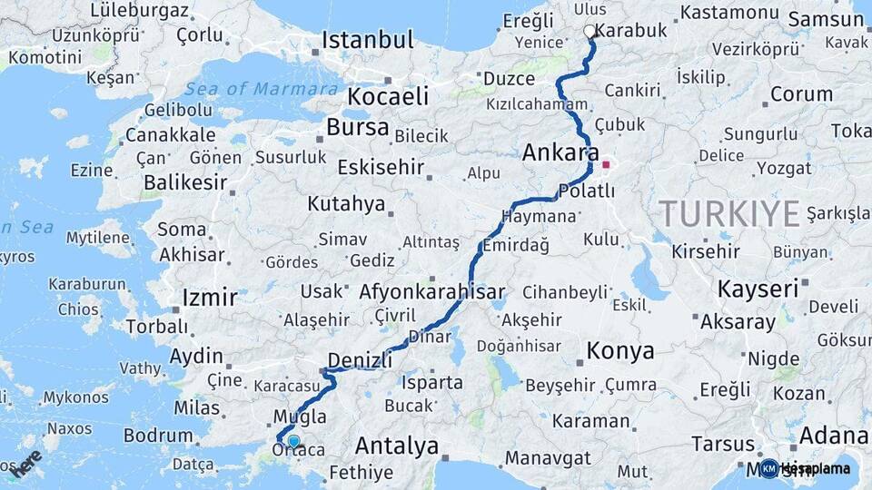 Muğla Köyceğiz Karabük Arası Kaç Km - Yol Haritası