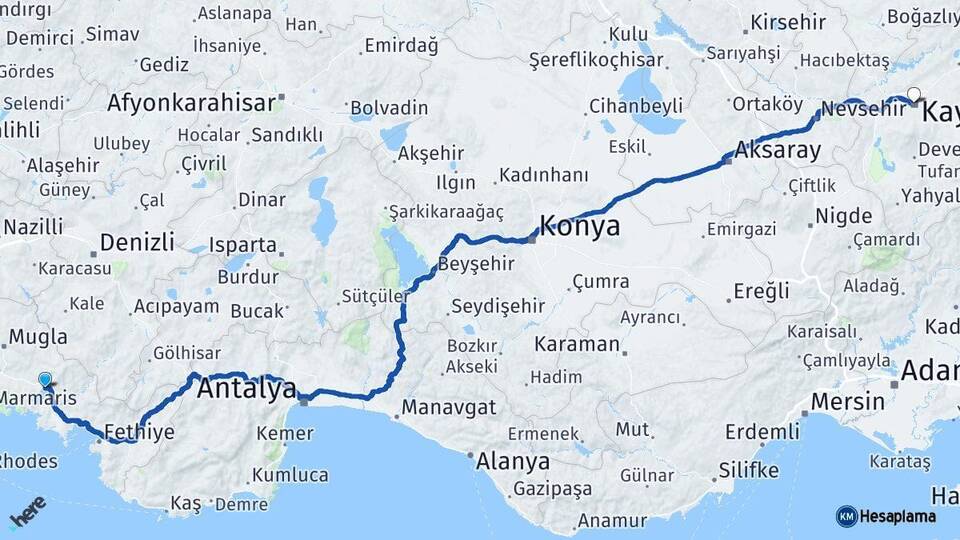 Muğla Köyceğiz Kayseri Arası Kaç Km - Yol Haritası