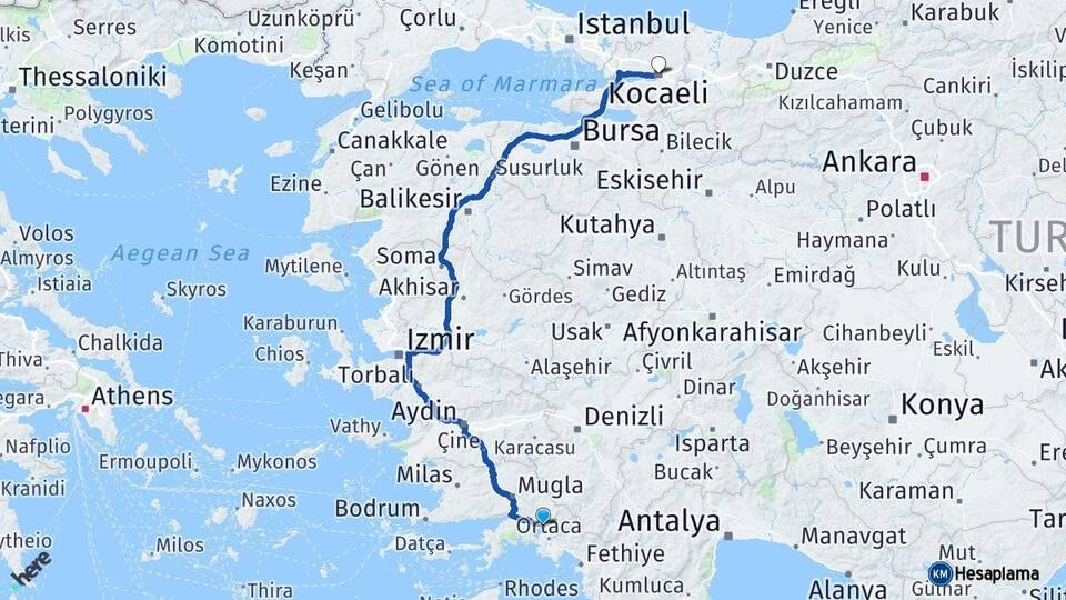 Muğla Köyceğiz Kocaeli Arası Kaç Km - Yol Haritası