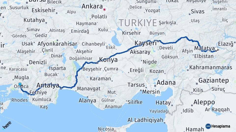 Muğla Köyceğiz Malatya Arası Kaç Km - Yol Haritası