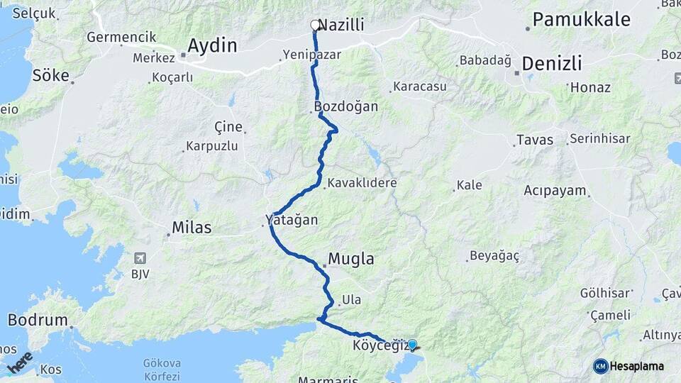 Muğla Köyceğiz Nazilli Aydın Arası Kaç Km - Yol Haritası