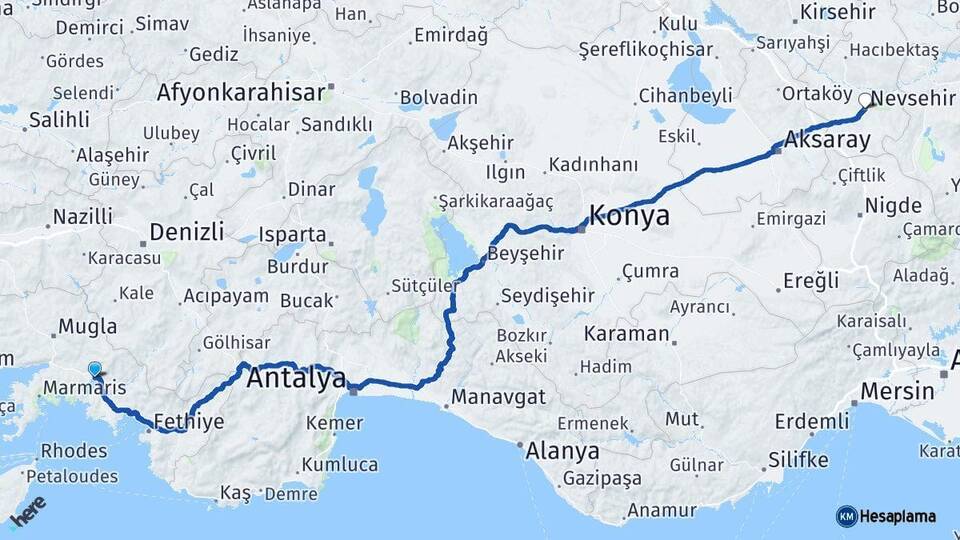 Muğla Köyceğiz Nevşehir Arası Kaç Km - Yol Haritası