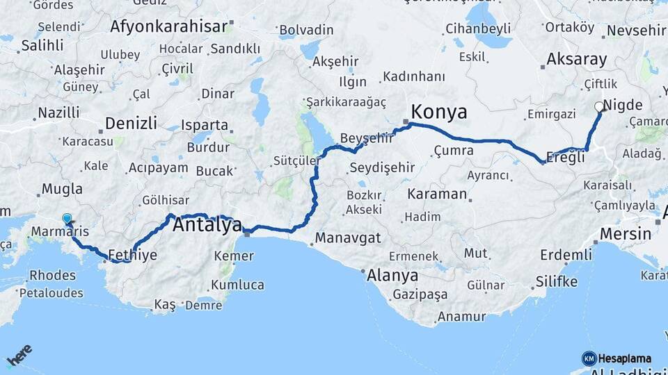 Muğla Köyceğiz Niğde Arası Kaç Km - Yol Haritası