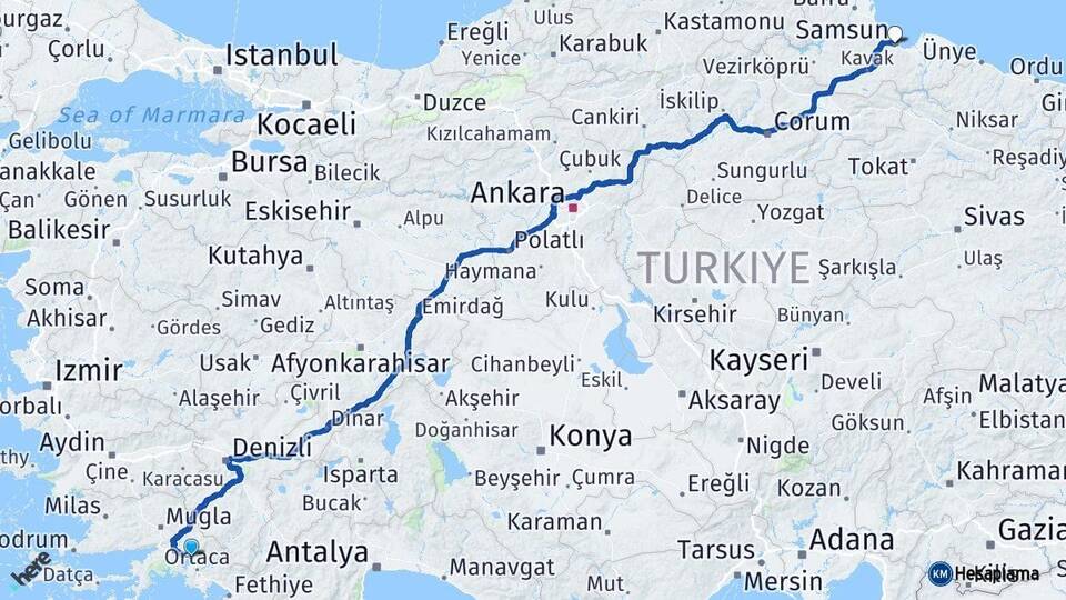 Muğla Köyceğiz Samsun Arası Kaç Km - Yol Haritası
