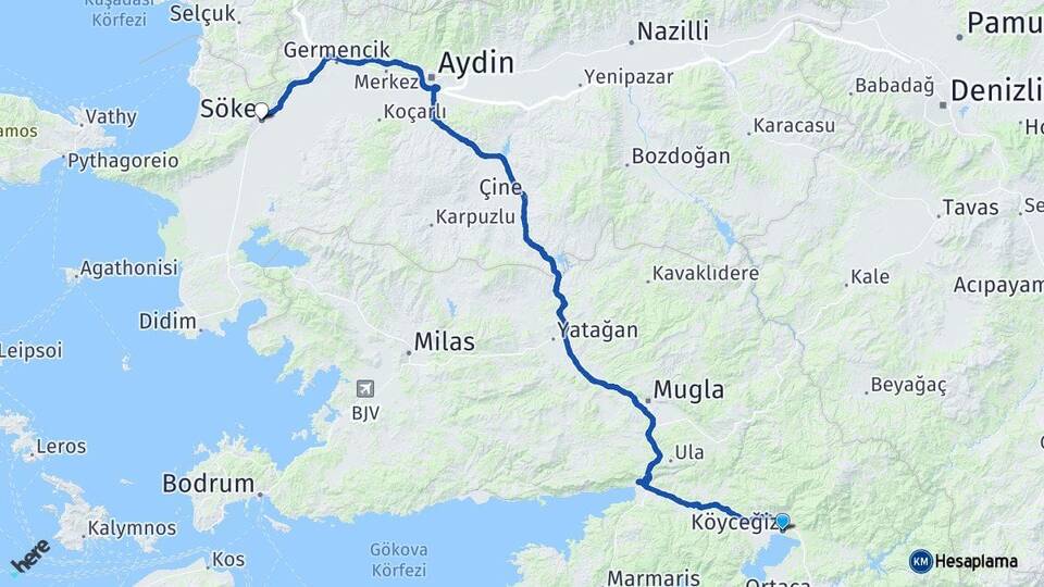 Muğla Köyceğiz Söke Aydın Arası Kaç Km - Yol Haritası
