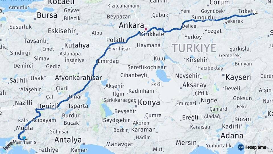Muğla Köyceğiz Tokat Arası Kaç Km - Yol Haritası