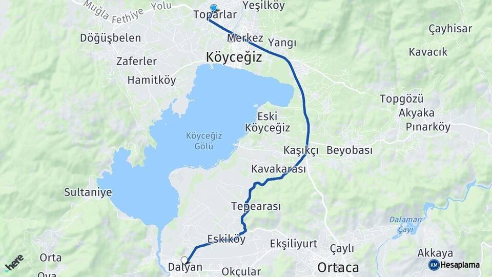 Toparlar Dalyan Arası Kaç Km - Yol Tarifi