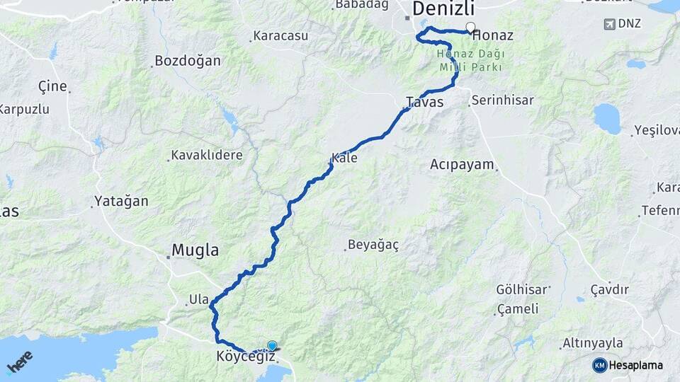Muğla Köyceğiz Toparlar Honaz Denizli Arası Kaç Km - Yol Haritası