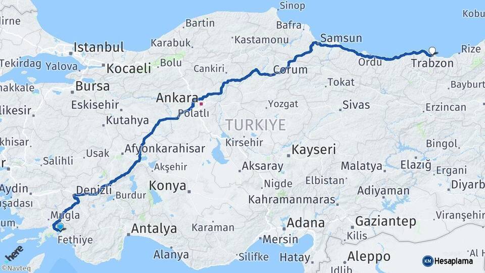 Muğla Köyceğiz Trabzon Arası Kaç Km - Yol Haritası