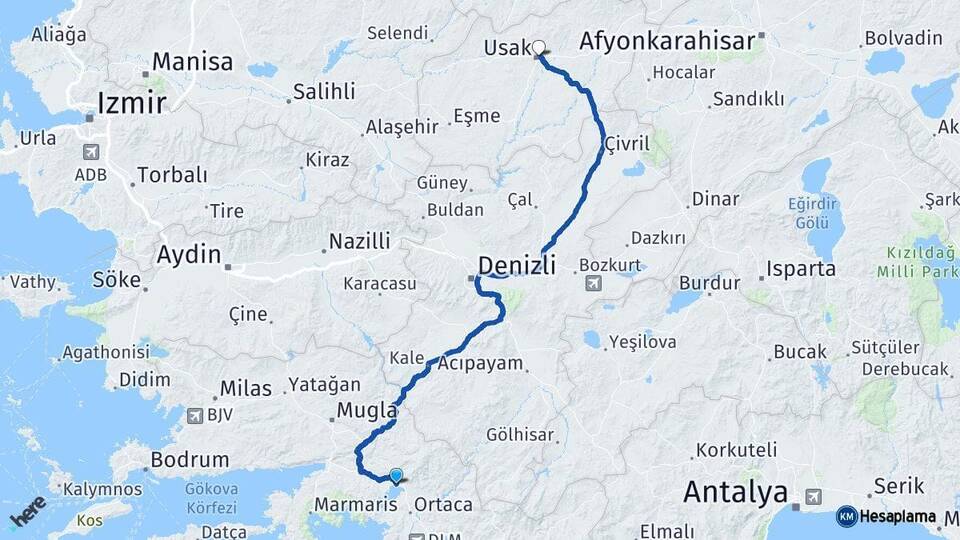Muğla Köyceğiz Uşak Arası Kaç Km - Yol Haritası