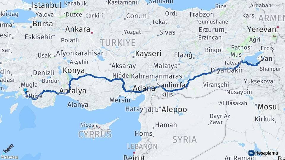 Muğla Köyceğiz Van Arası Kaç Km - Yol Haritası