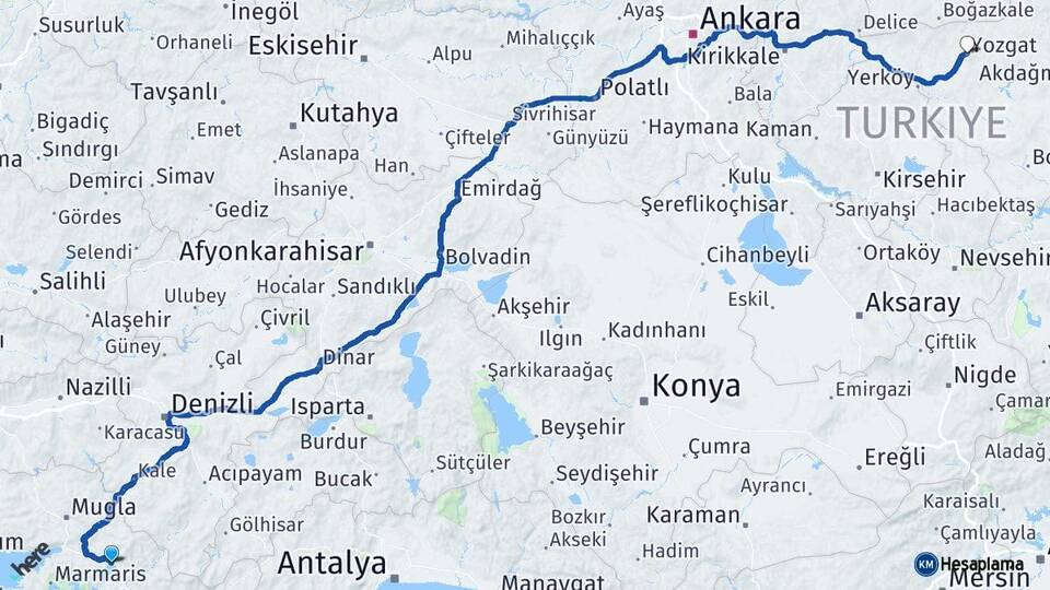 Muğla Köyceğiz Yozgat Arası Kaç Km - Yol Haritası