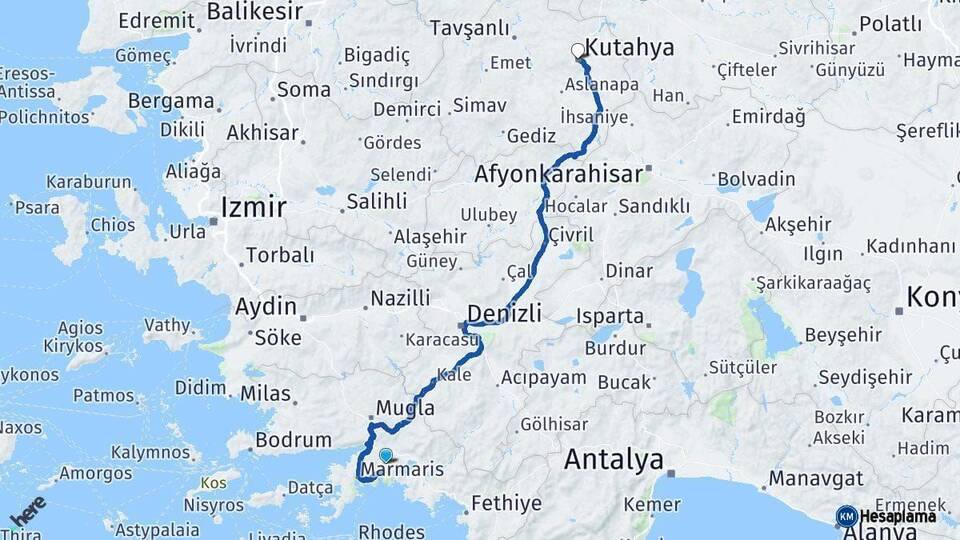 Muğla Kütahya Arası Kaç Km - Yol Haritası