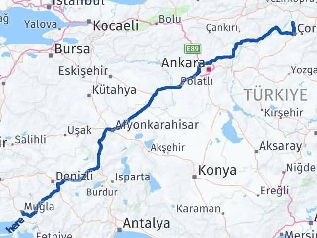Muğla Laçin Çorum Arası Kaç Km - Yol Haritası
