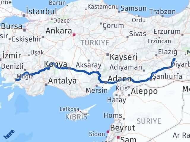 Muğla Lice Diyarbakır Arası Kaç Km - Yol Haritası