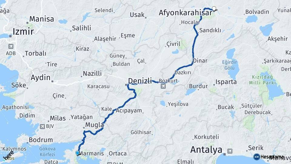 Muğla Marmaris Afyonkarahisar Arası Kaç Km - Yol Haritası